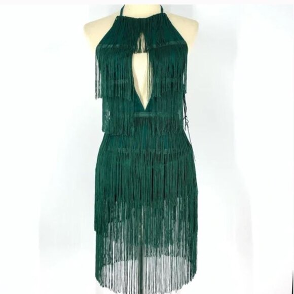 House of Harlow 1960 Revolve Georgia Fringe Dress Emerald Green Flapper Sz MED - Picture 1 of 13